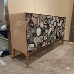 Artistic Agate Stone Pattern Sideboard Cabinet with Natural Wood Veneer and Brass-Tone Base